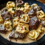Cracked Garlic Steak Tortellini served in creamy sauce
