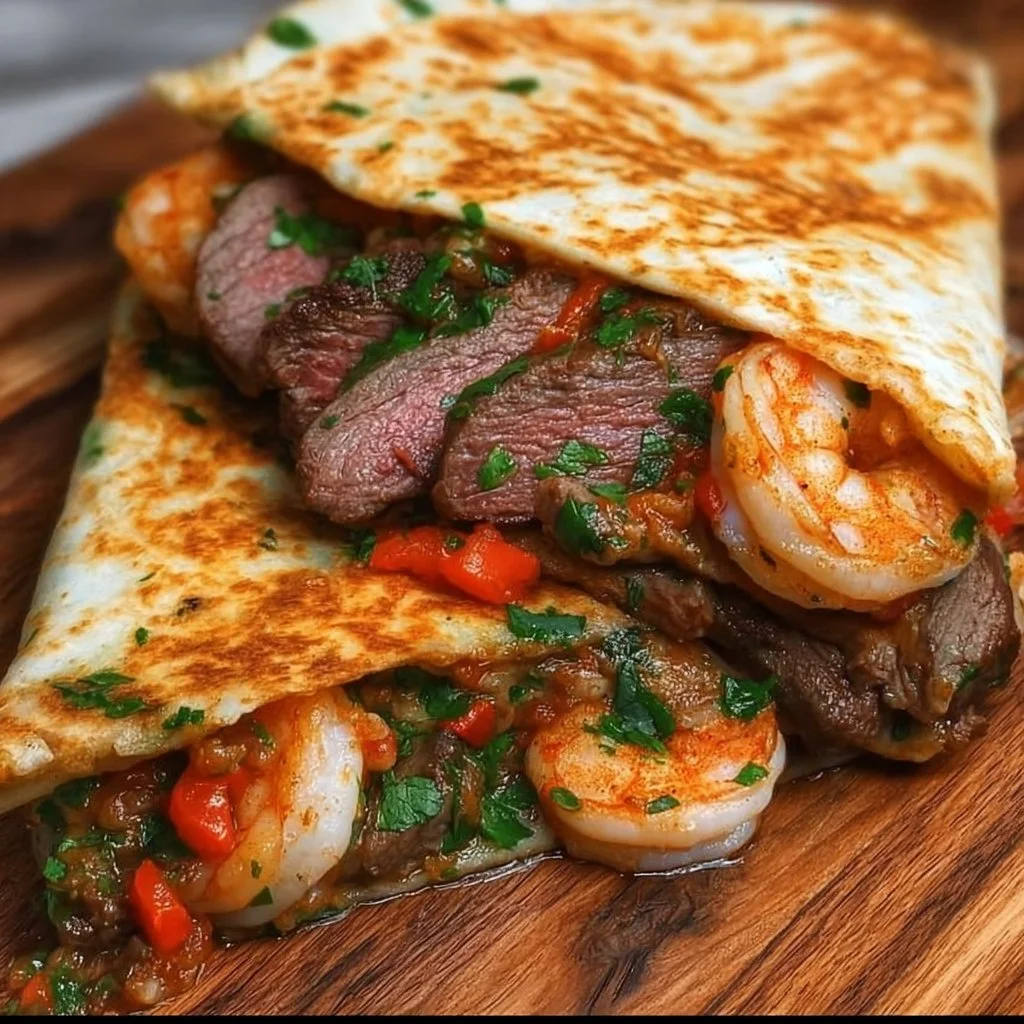 Delicious Creole Steak and Shrimp Quesadillas served on a plate