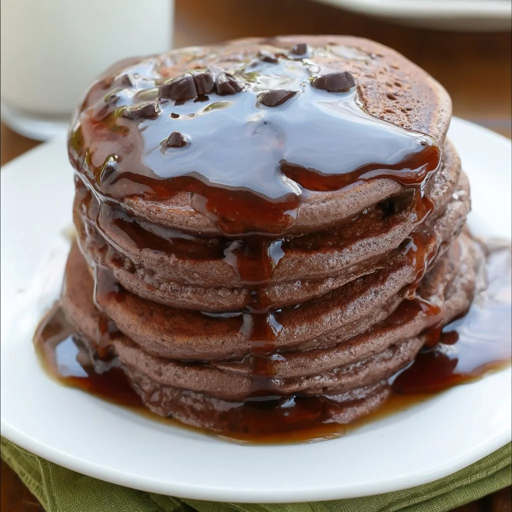Delicious double chocolate pancakes stacked with melted chocolate on top