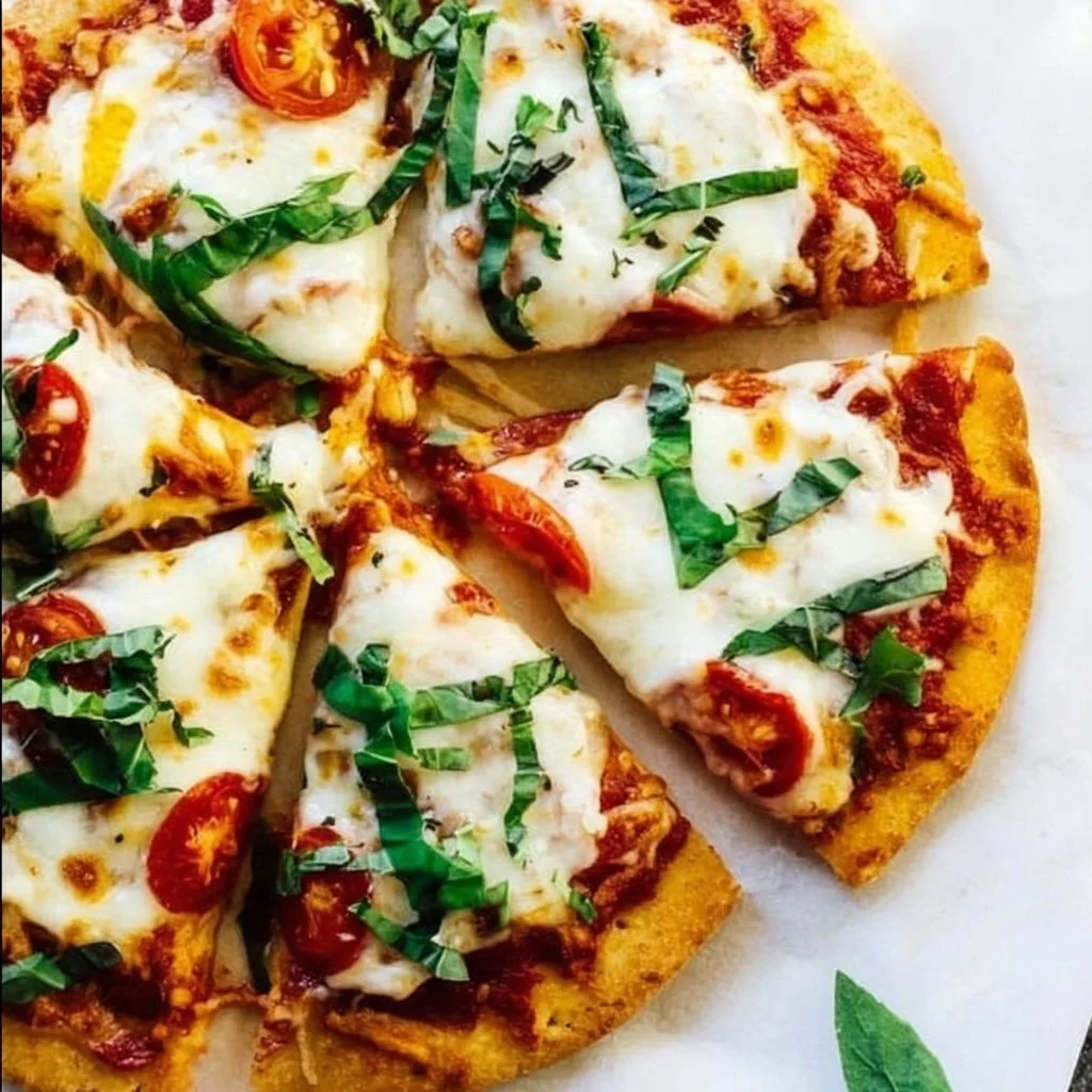 Homemade easy pita pizza topped with fresh vegetables and cheese