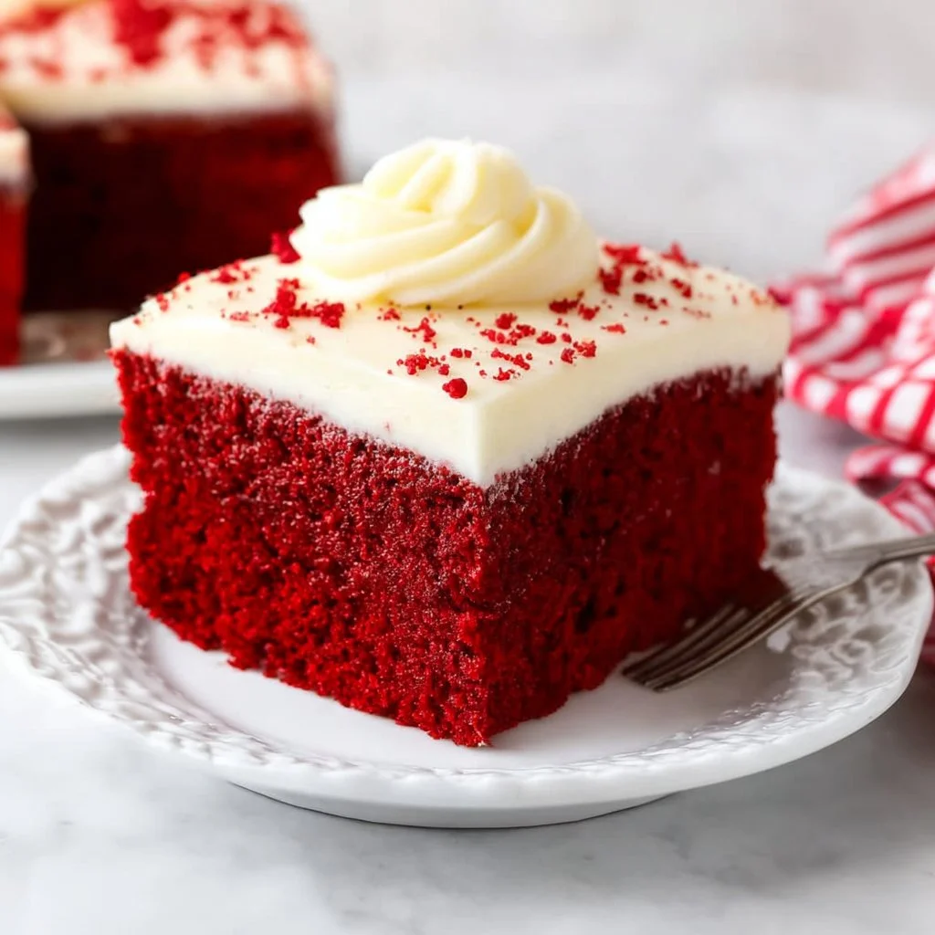 A beautifully decorated easy red velvet cake on a white plate.