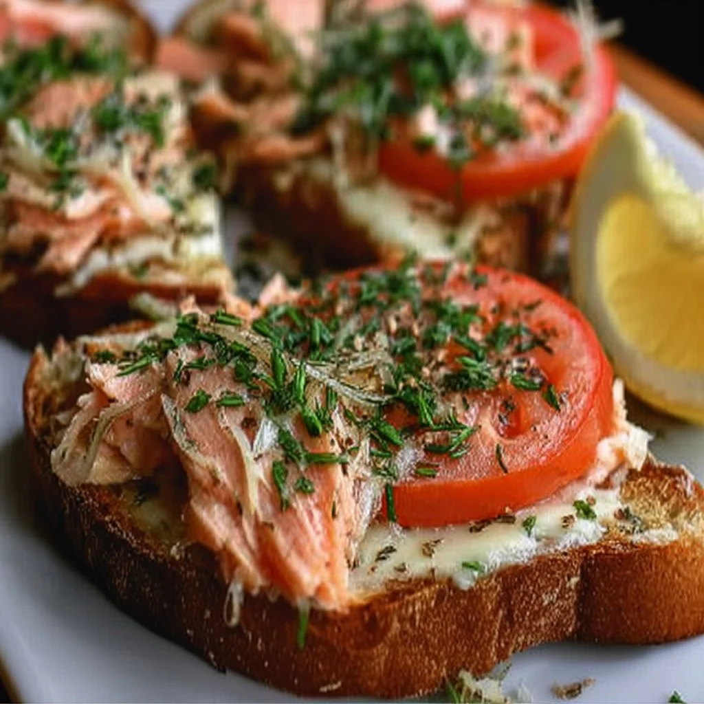 Delicious easy salmon melt made in a pressure cooker, served on toasted bread.
