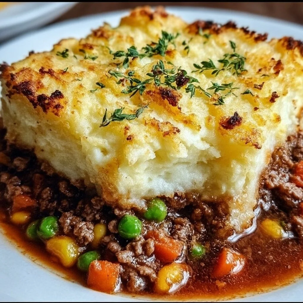 Delicious Shepherd's Pie casserole topped with creamy mashed potatoes.