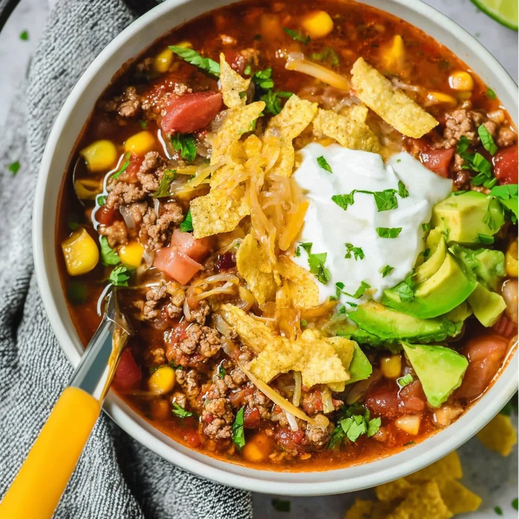 Bowl of easy taco soup with toppings like cheese and cilantro