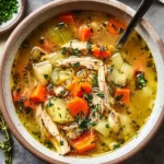 Bowl of easy turkey soup with vegetables and herbs, perfect for a hearty meal.