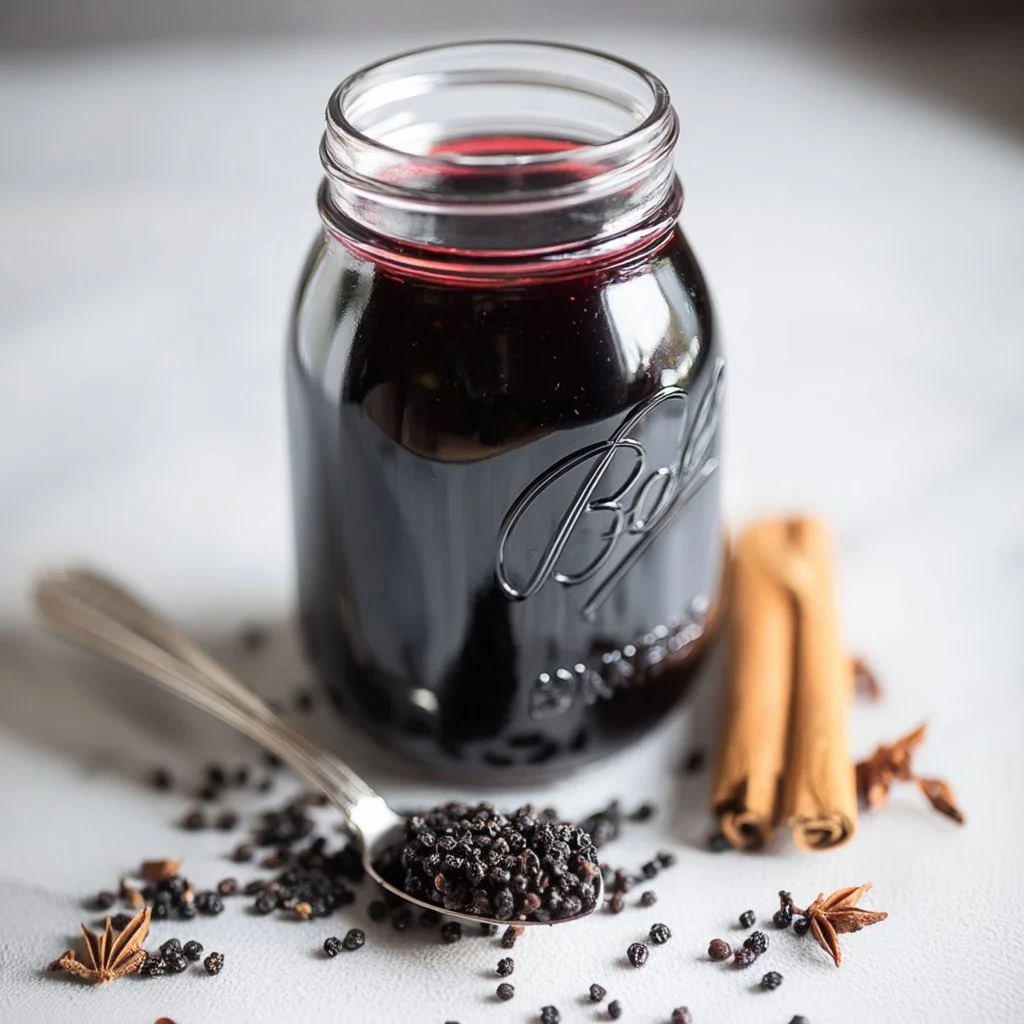 Homemade elderberry syrup in a glass jar with fresh elderberries.