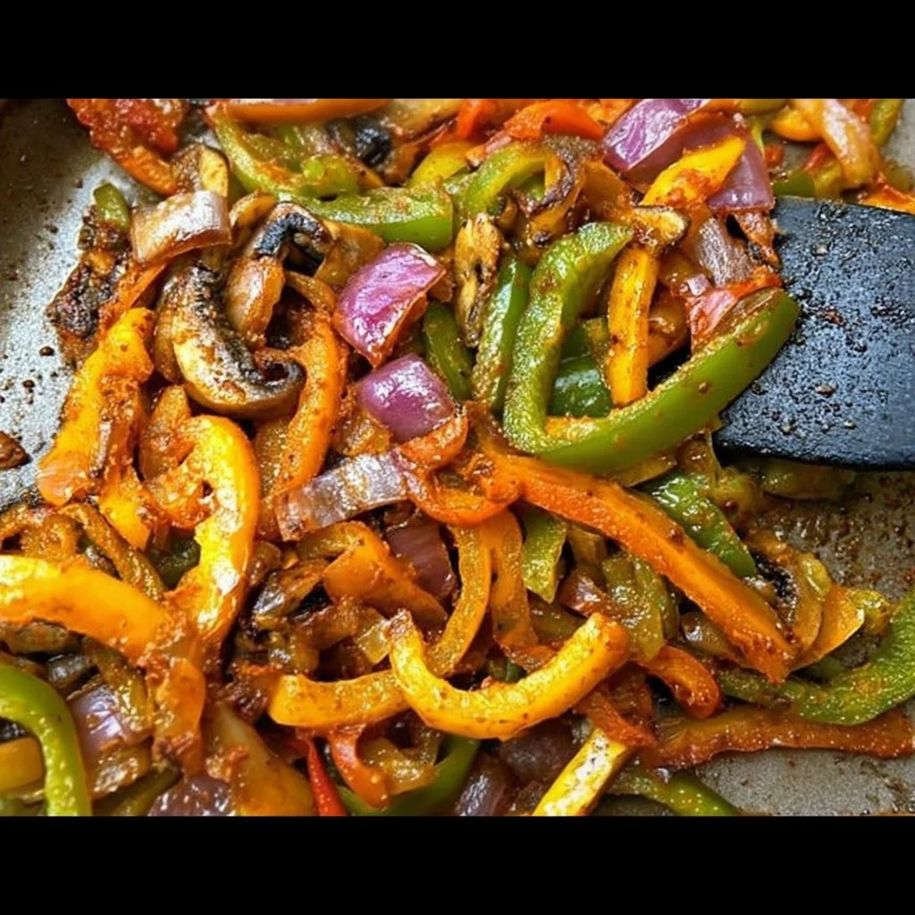 Plate of colorful fajita vegetables with bell peppers and onions