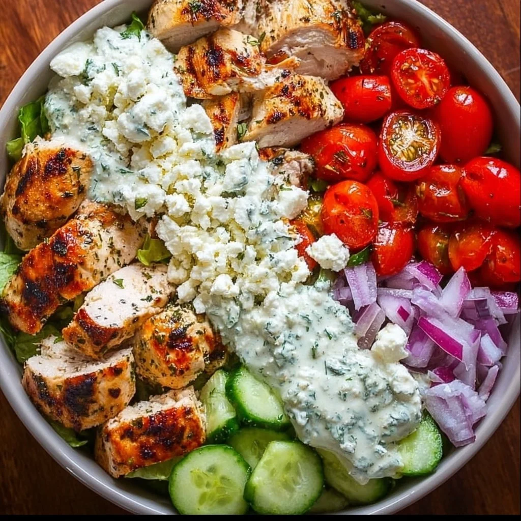 Delicious Greek Chicken Bowl with vegetables, rice, and tzatziki sauce