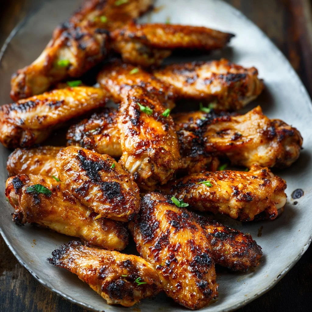Delicious grilled chicken wings with BBQ sauce on a platter