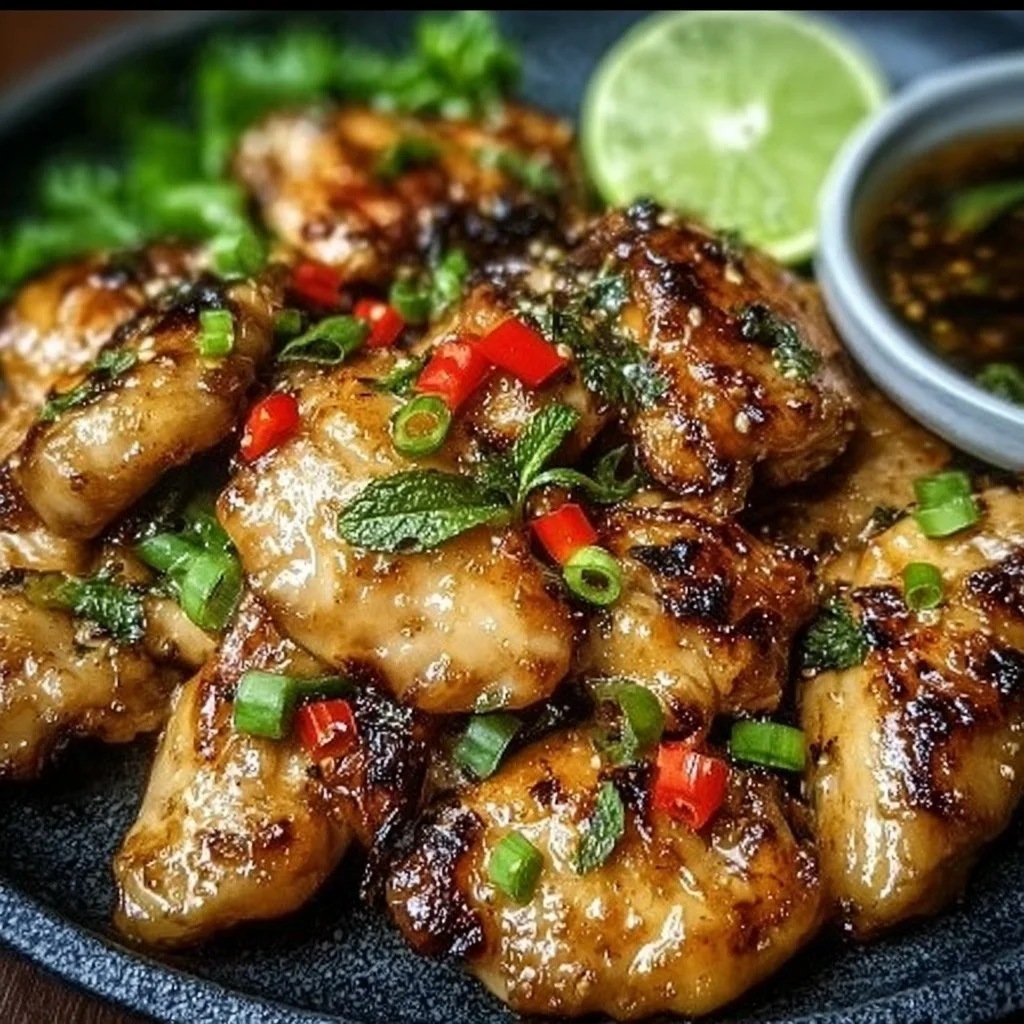 Delicious grilled lemongrass chicken served with fresh herbs and spices