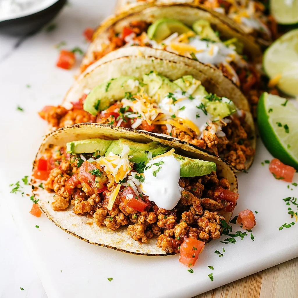 Delicious ground turkey tacos served with fresh toppings and garnishes.