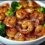 Delicious honey garlic shrimp dish with colorful vegetables and a rich glaze