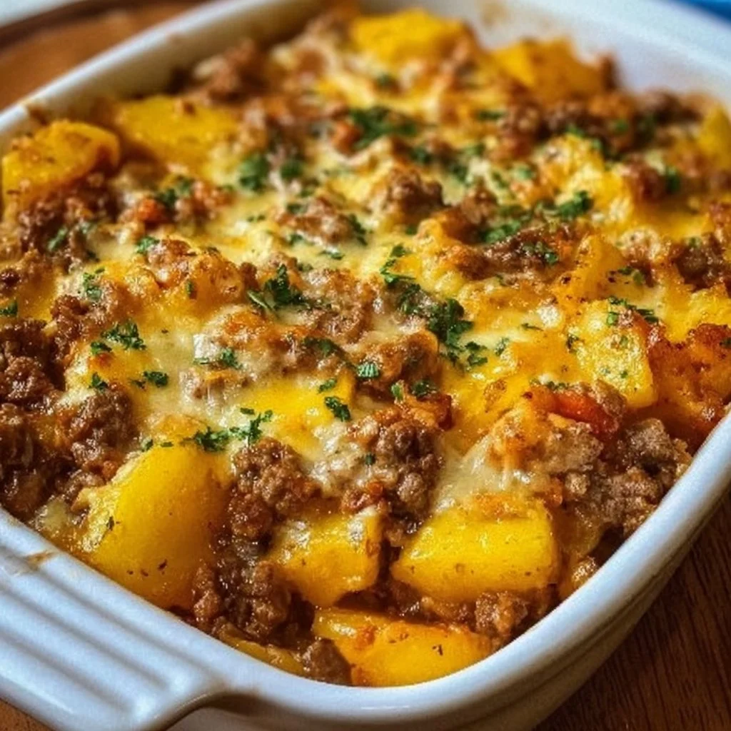 Delicious Hobo Casserole in a baking dish, ideal for family meals.