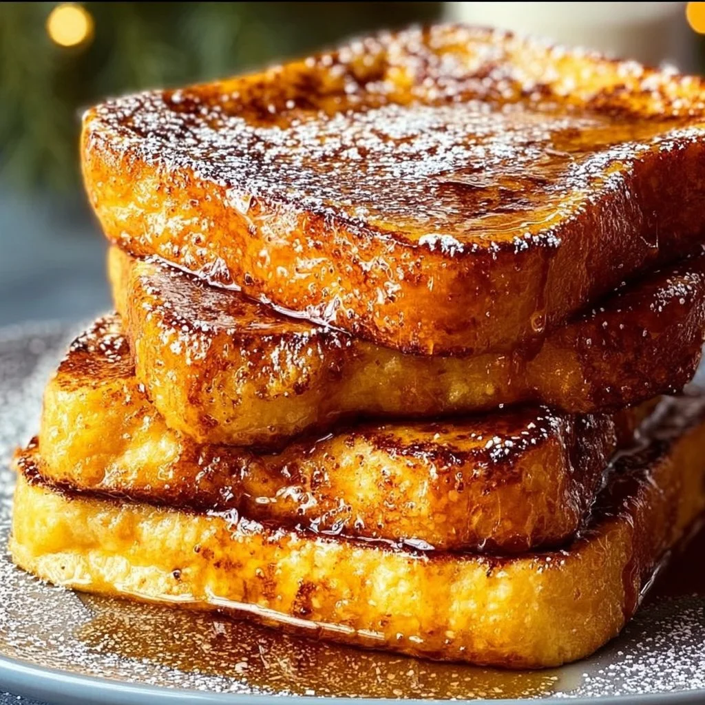 Delicious holiday eggnog french toast topped with powdered sugar and cinnamon