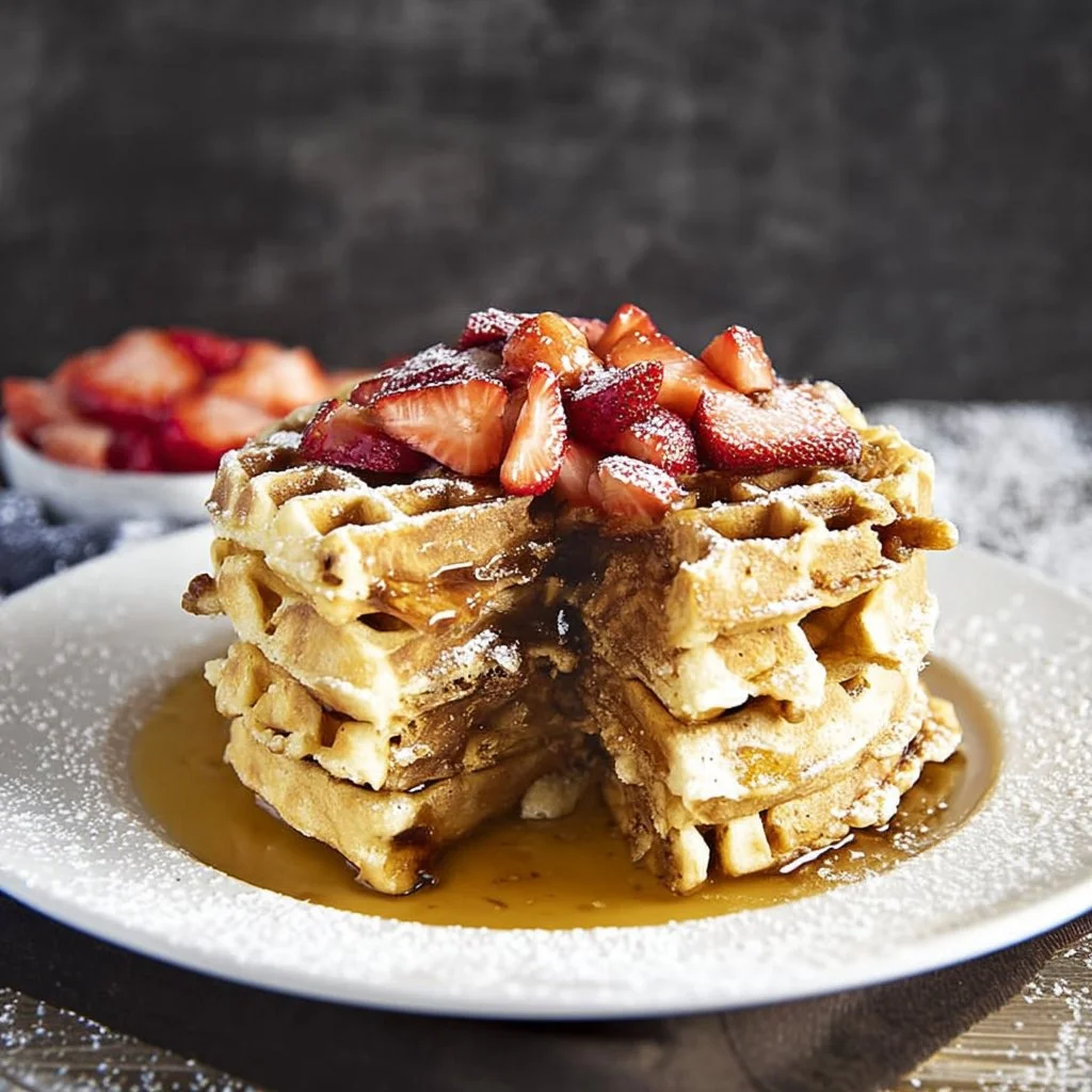 Delicious homemade Belgian waffle served with syrup and fresh berries.