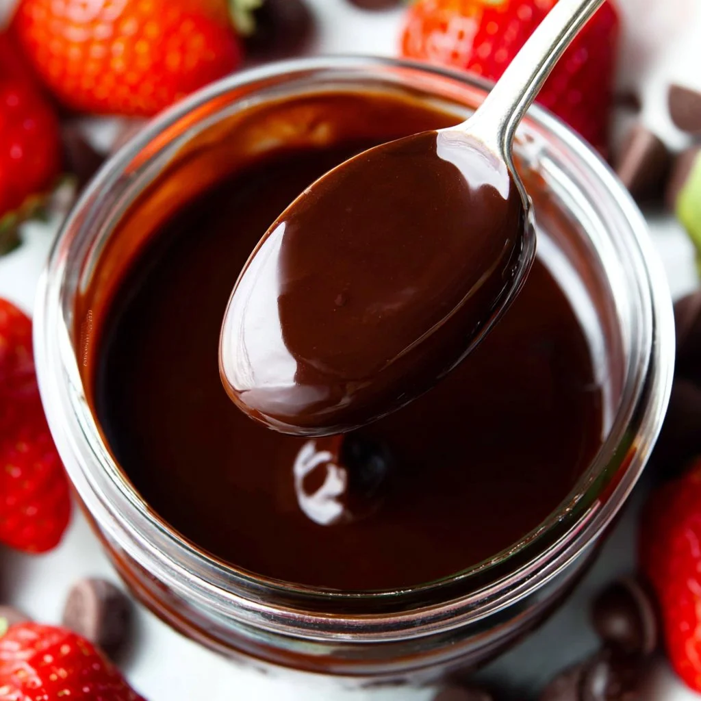 Homemade chocolate sauce in a glass jar with a spoon