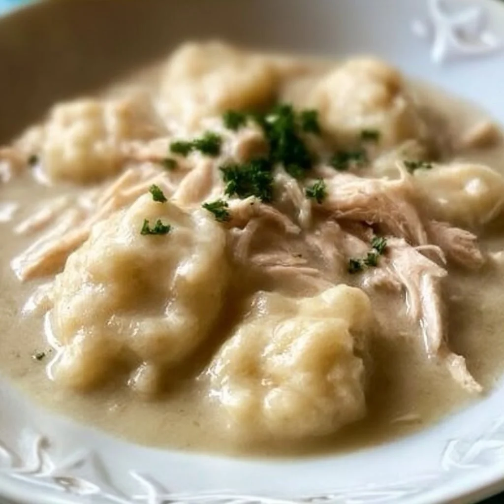 Bowl of homemade Cracker Barrel-style chicken and dumplings served with herbs.