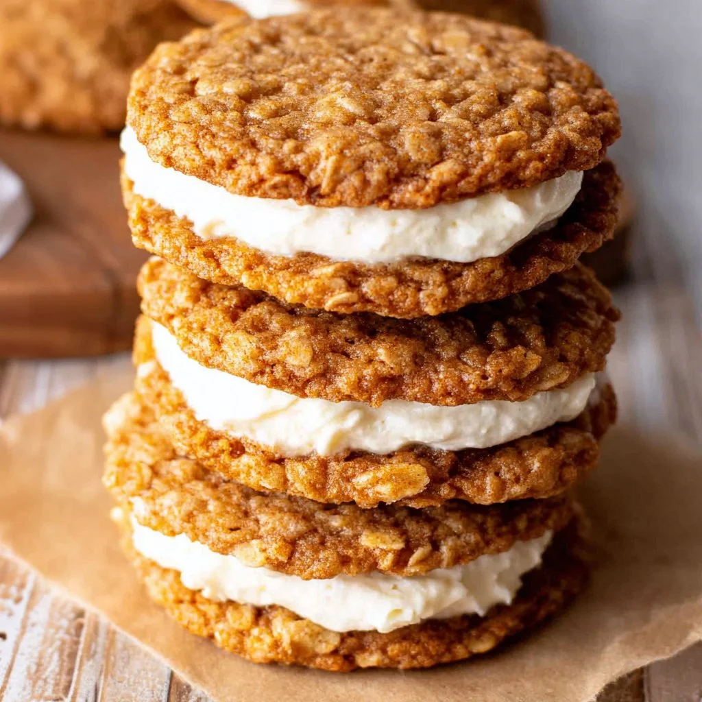 Plate of homemade oatmeal cream pies with creamy filling