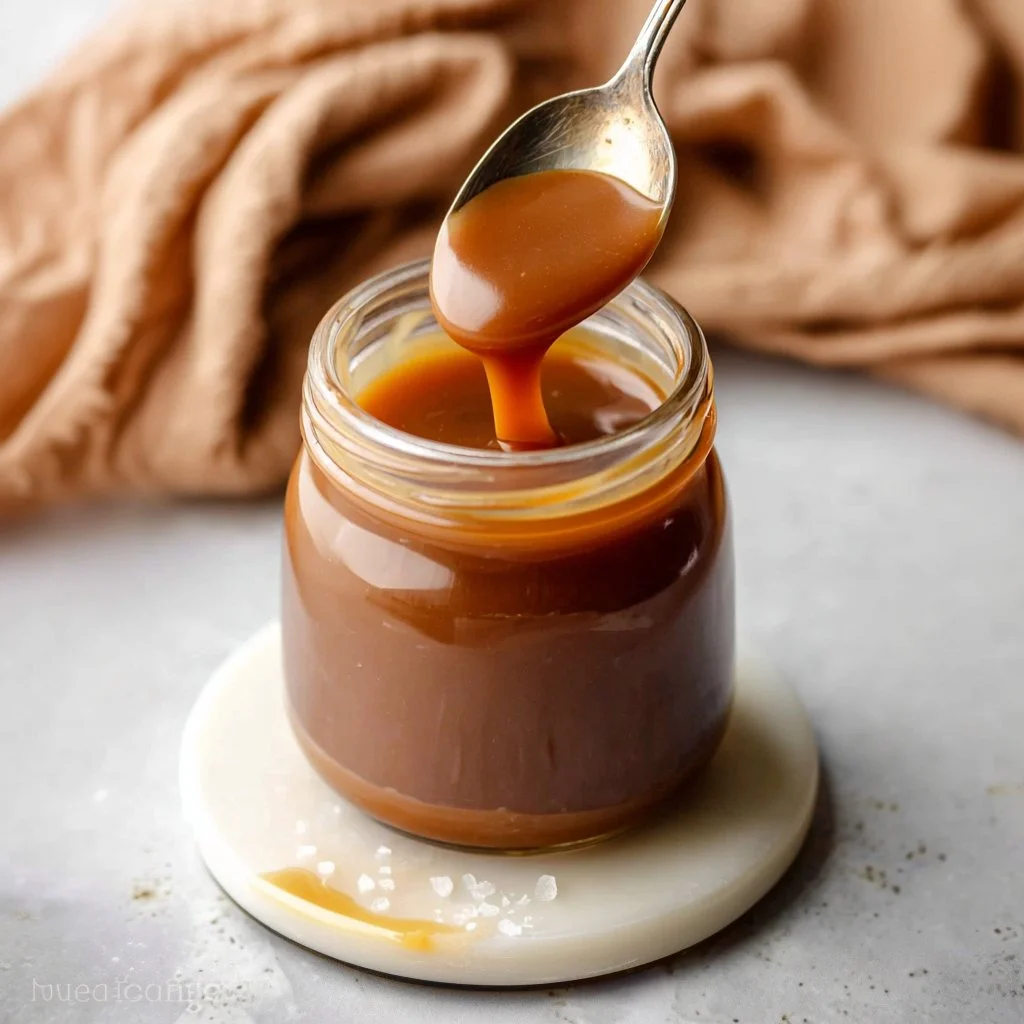 Delicious homemade salted caramel sauce drizzled over dessert