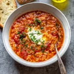 Bowl of homemade tomato rice soup garnished with fresh herbs