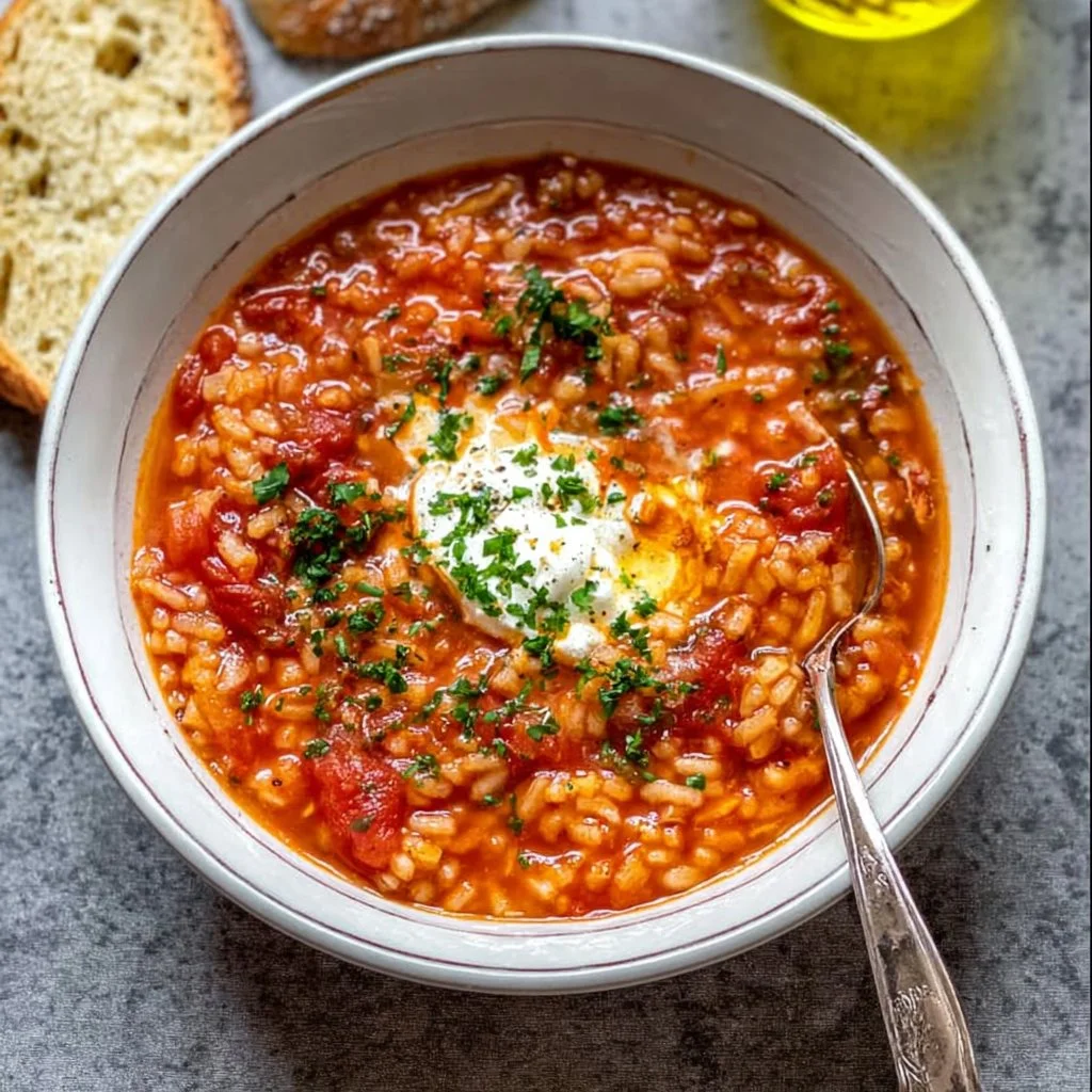 Bowl of homemade tomato rice soup garnished with fresh herbs