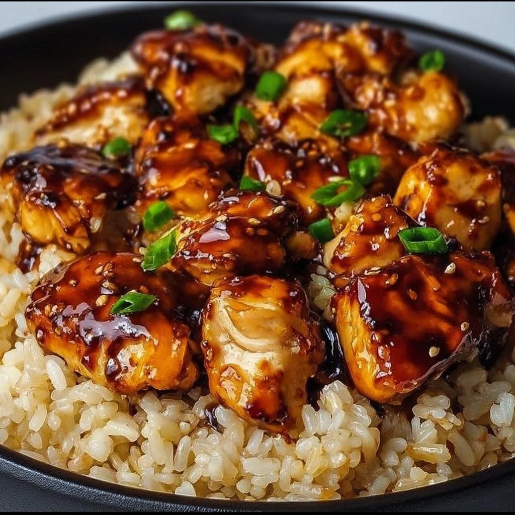 Delicious Honey BBQ Chicken served over rice with vibrant garnishes