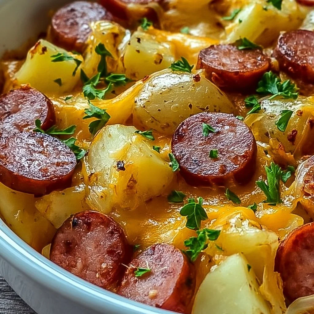 Kielbasa sausage and potato casserole recipe served in a baking dish