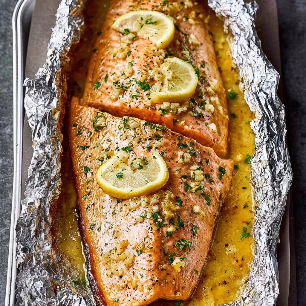Lemon Butter Garlic Salmon plated with lemon wedges and herbs