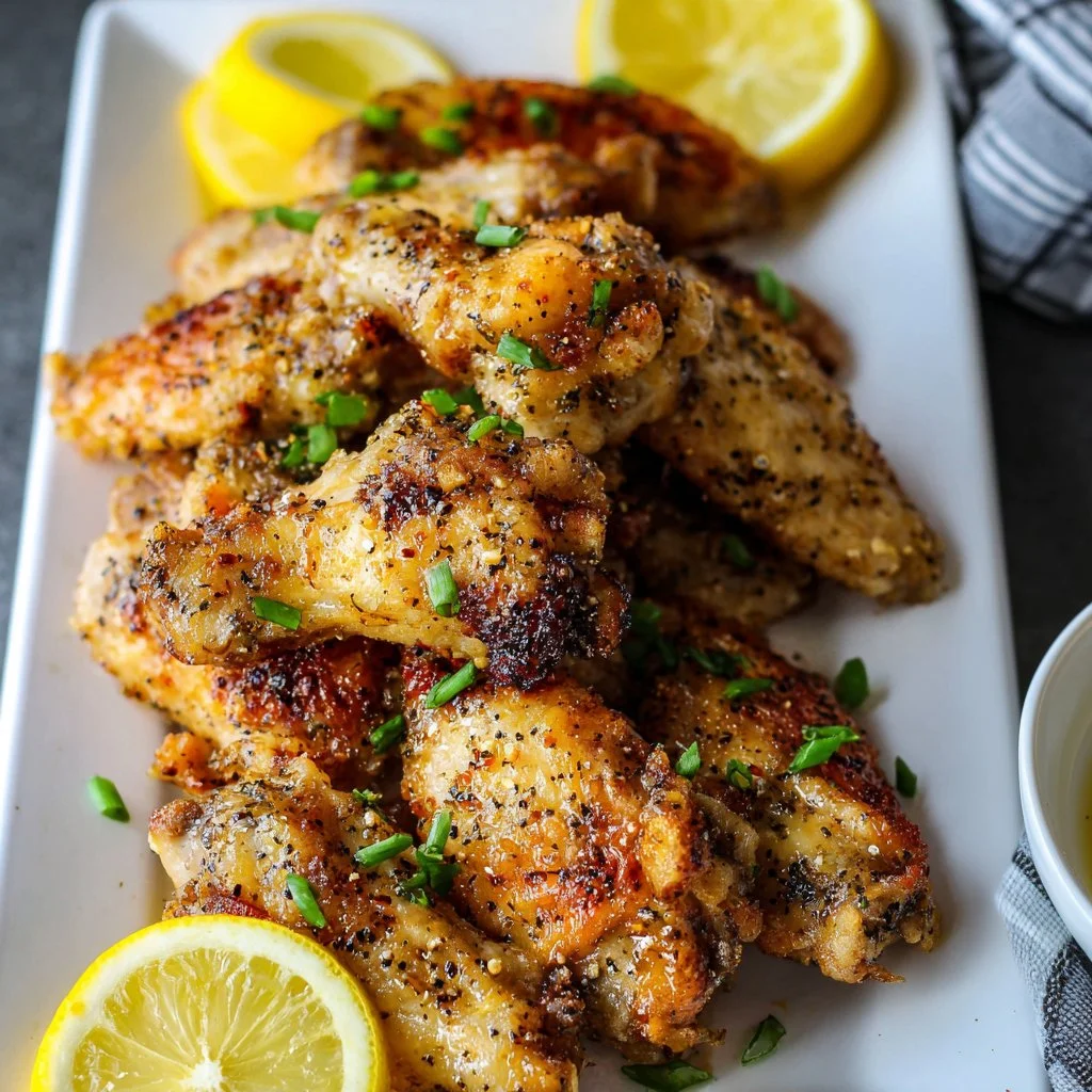 Delicious Lemon Pepper Wings garnished with herbs and ready to serve.
