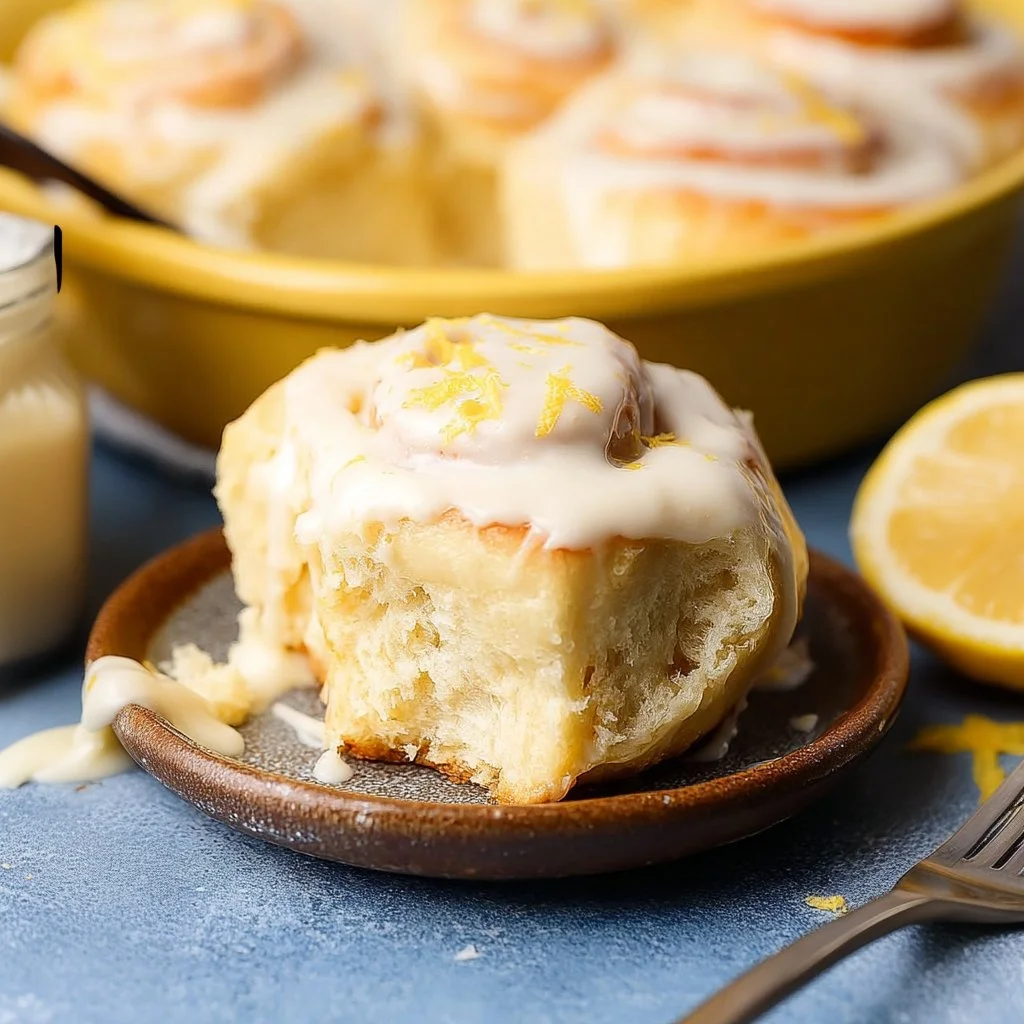 Freshly baked lemon sweet rolls with icing on a wooden table