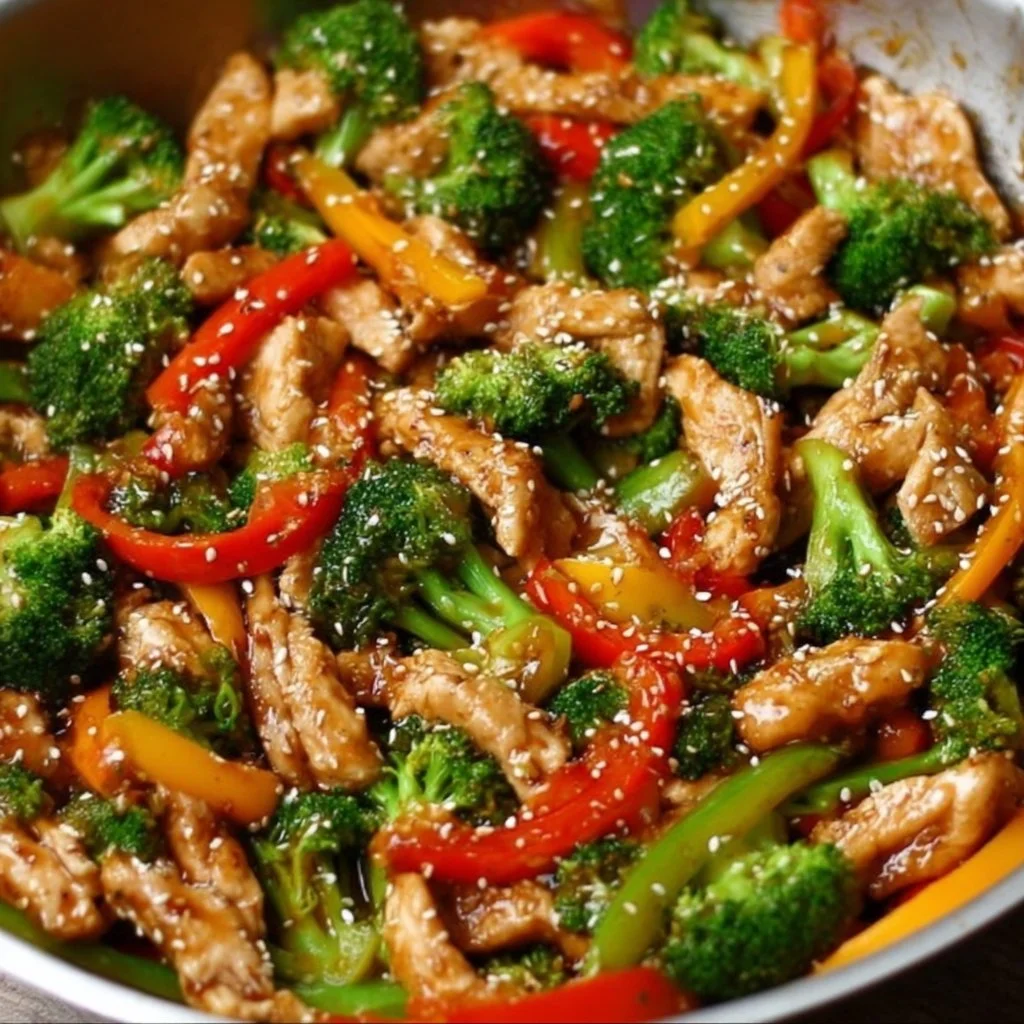 Healthy low-calorie chicken stir fry with colorful vegetables in a skillet