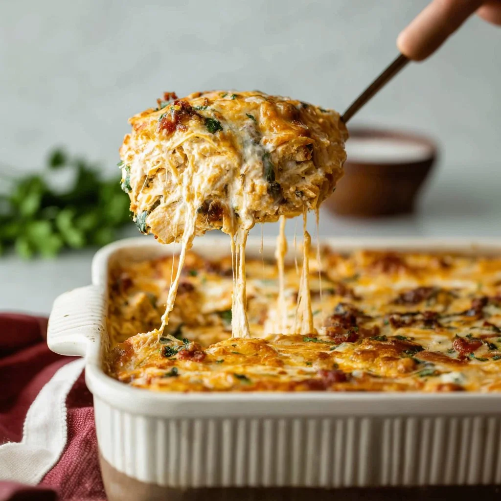 Delicious Marry Me Chicken Lasagna topped with melted cheese and fresh herbs.