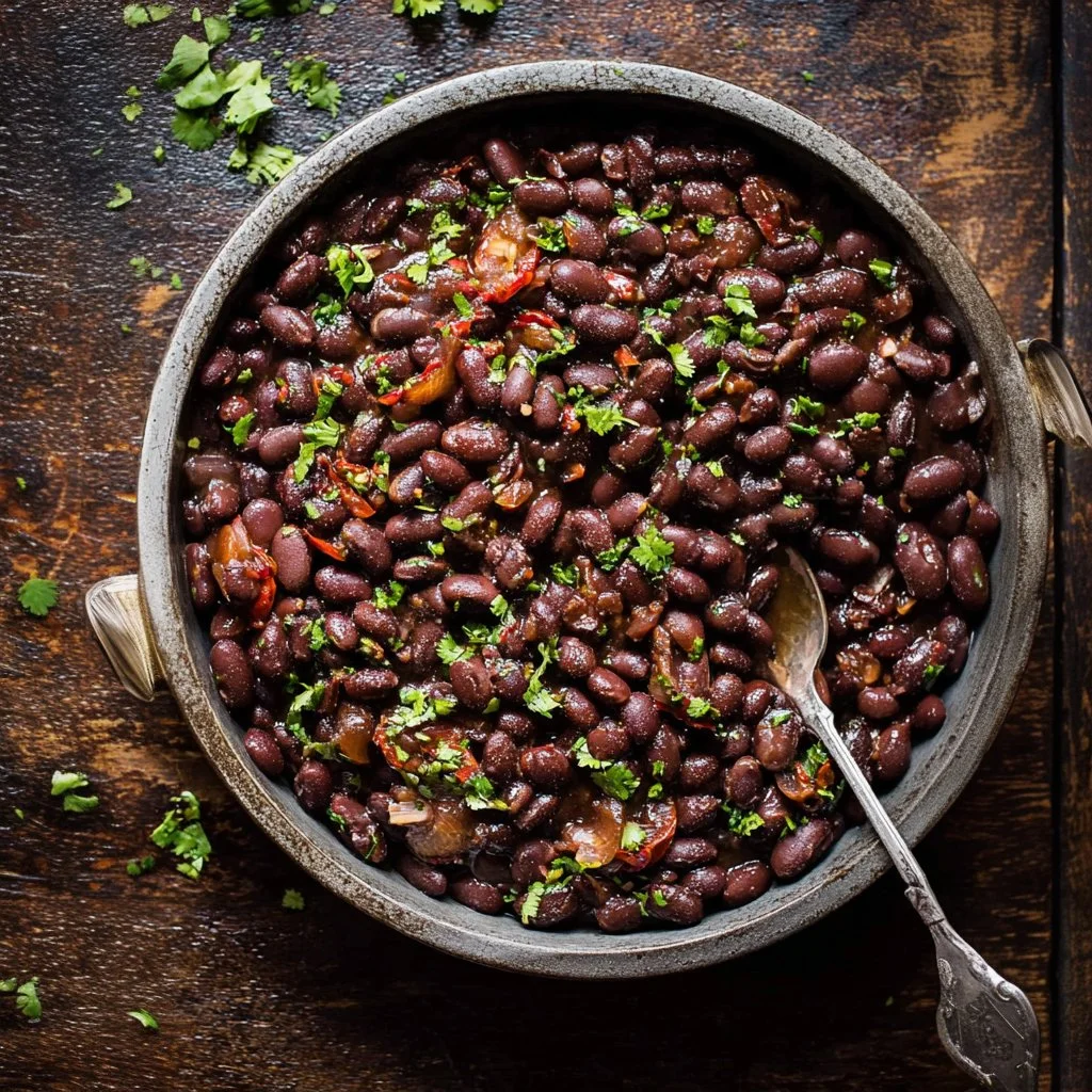 Bowl of delicious Mexican black beans served with fresh toppings