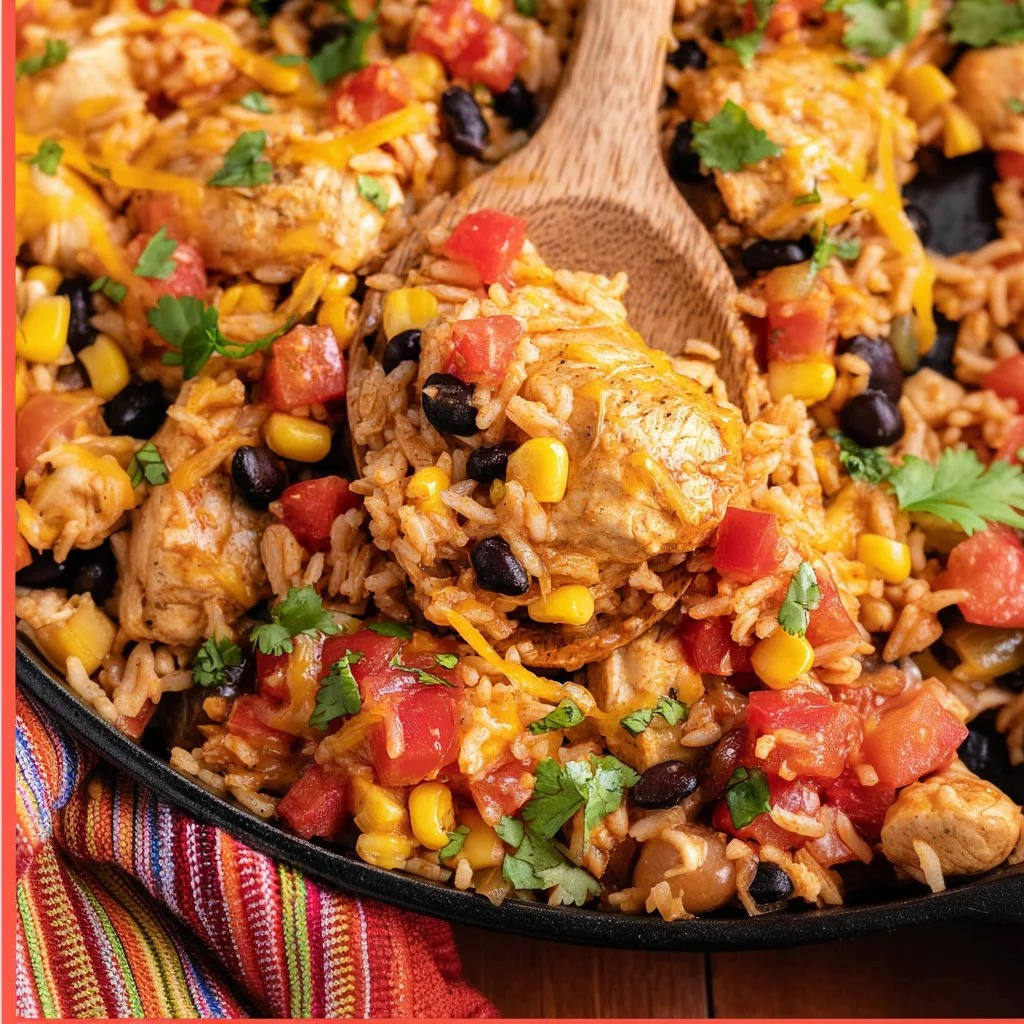 A delicious Mexican chicken and rice skillet dish garnished with fresh cilantro.