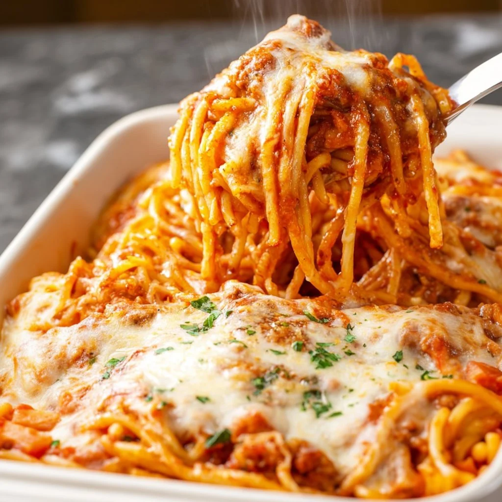 Delicious Million Dollar Spaghetti dish garnished with herbs and cheese