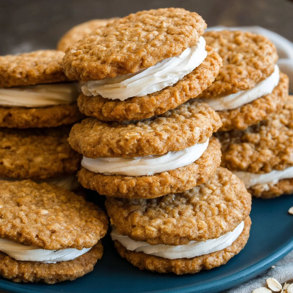 Delicious homemade Oatmeal Cream Pies on a rustic wooden table.