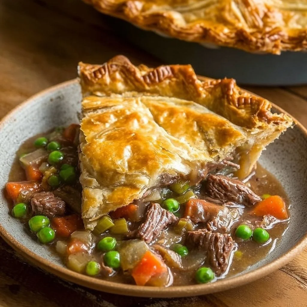 Old-fashioned beef pot pie with flaky crust and savory filling