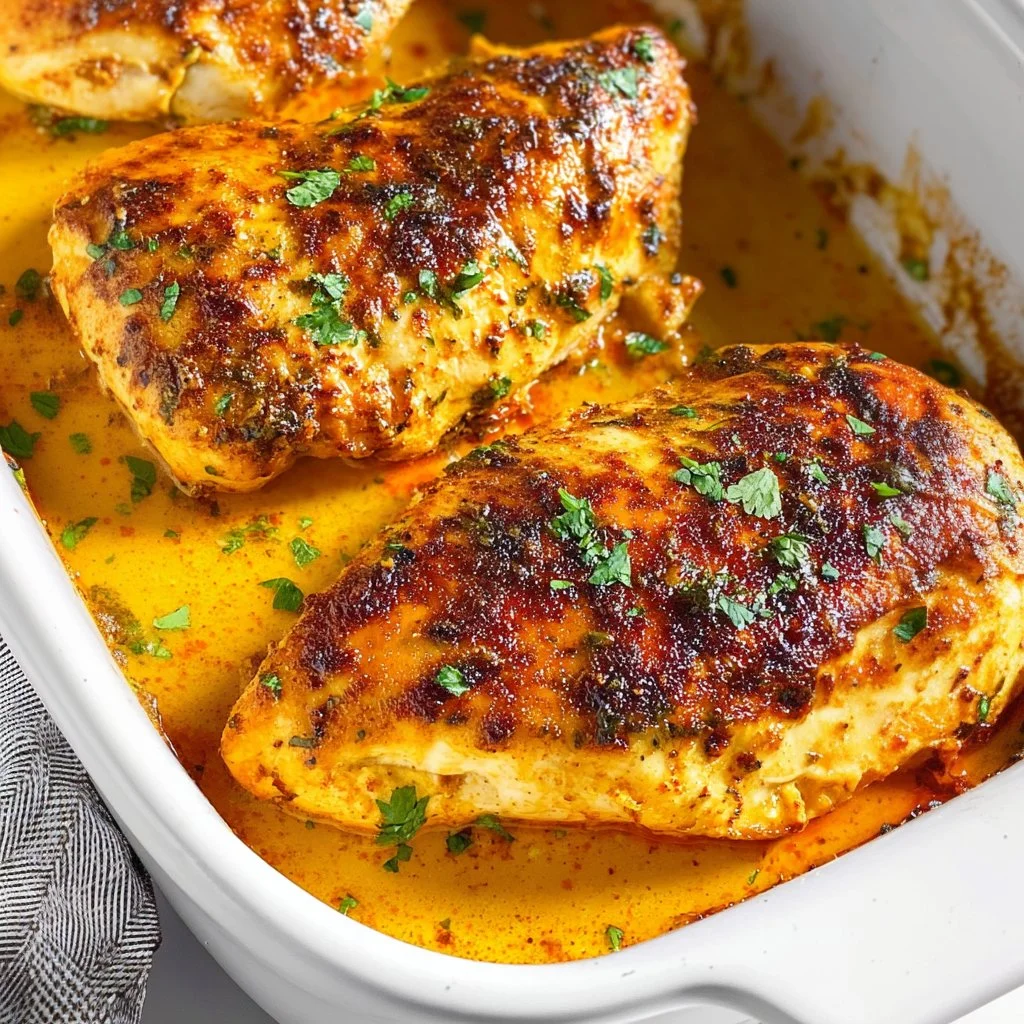 Juicy oven baked chicken breast on a plate, garnished with herbs.