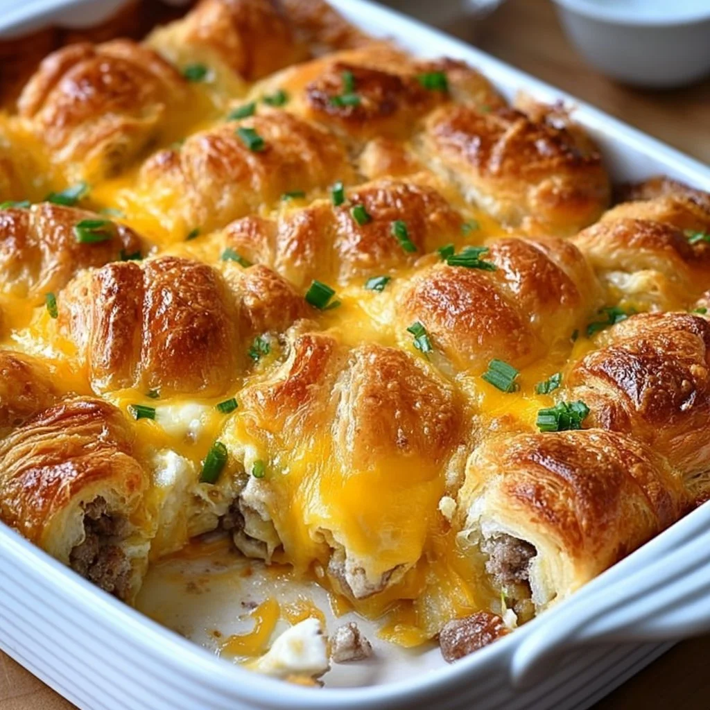 Delicious overnight croissant breakfast casserole topped with fresh berries.