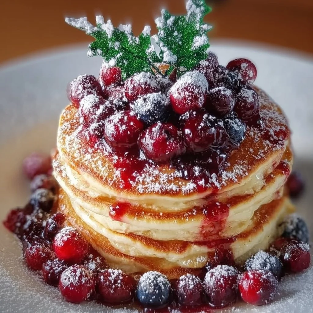 Fluffy pancake stack topped with fresh berries and holly