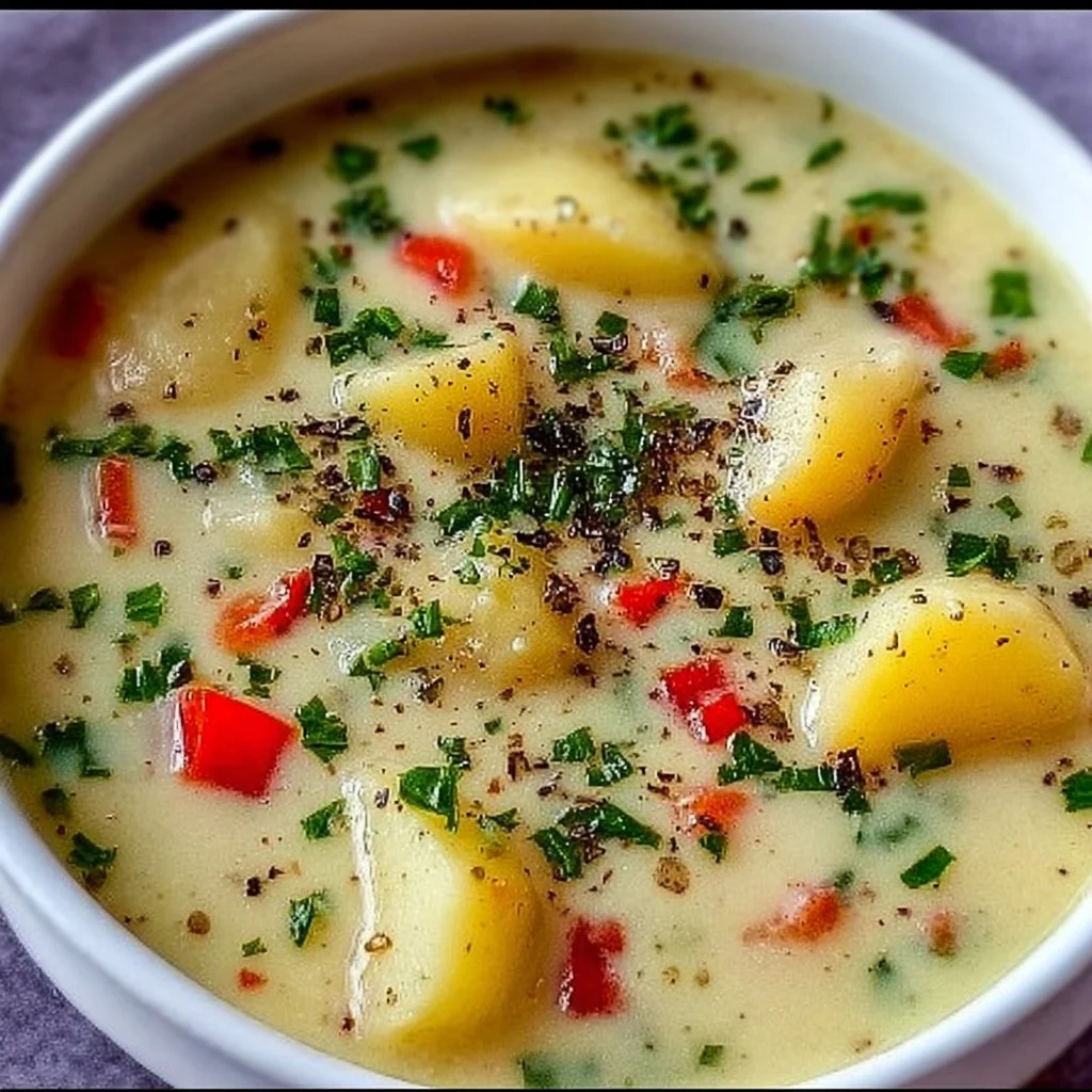 A delicious bowl of Polish Potato Soup garnished with fresh herbs.