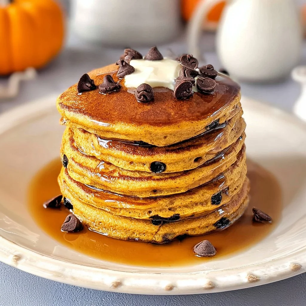 Delicious pumpkin chocolate chip pancakes stacked on a plate