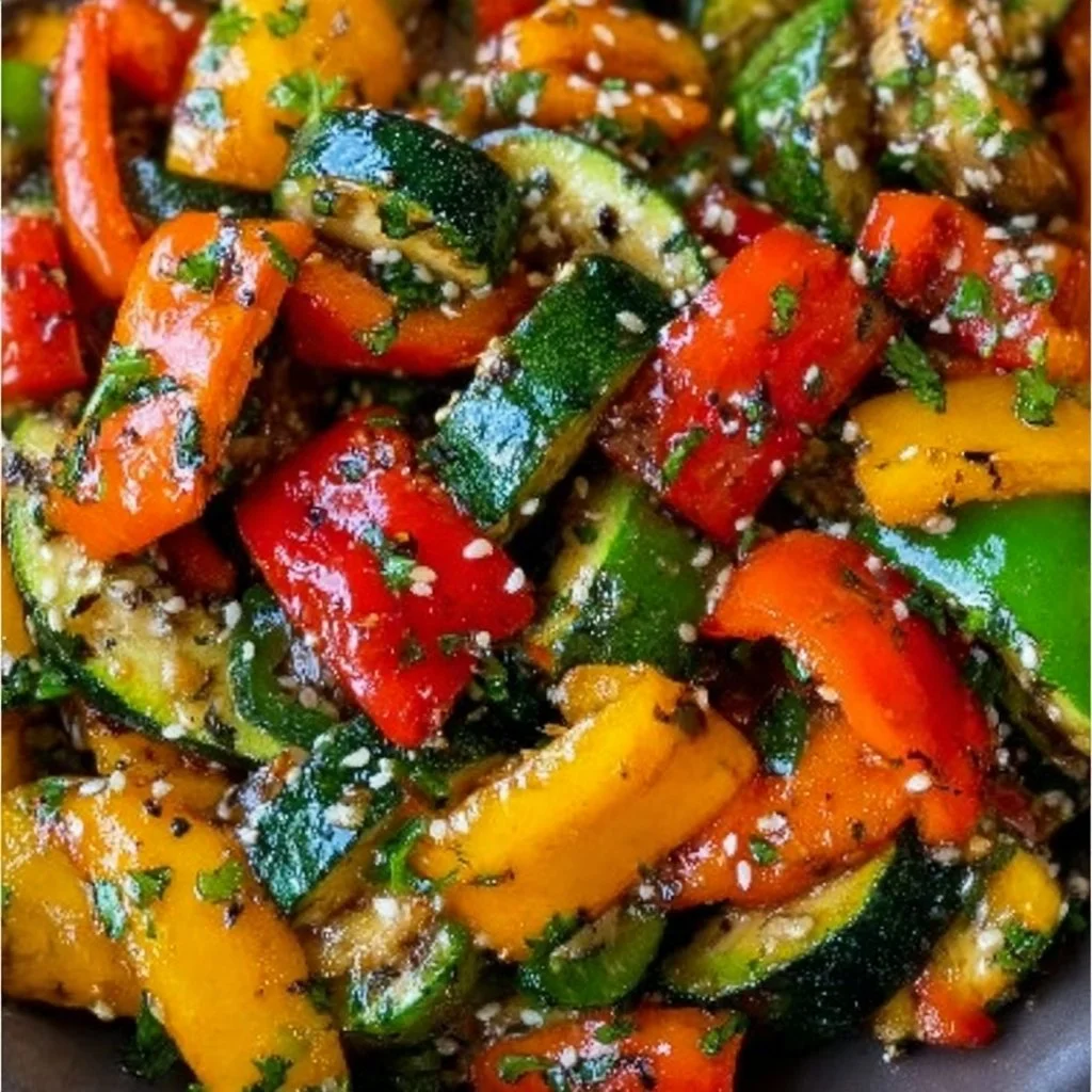 Colorful sautéed vegetables in a skillet ready to serve