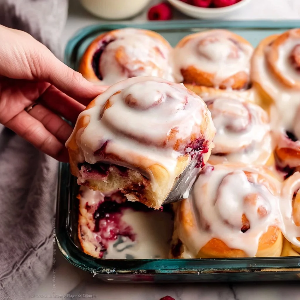 Freshly baked Raspberry Swirl Sweet Rolls with raspberry filling