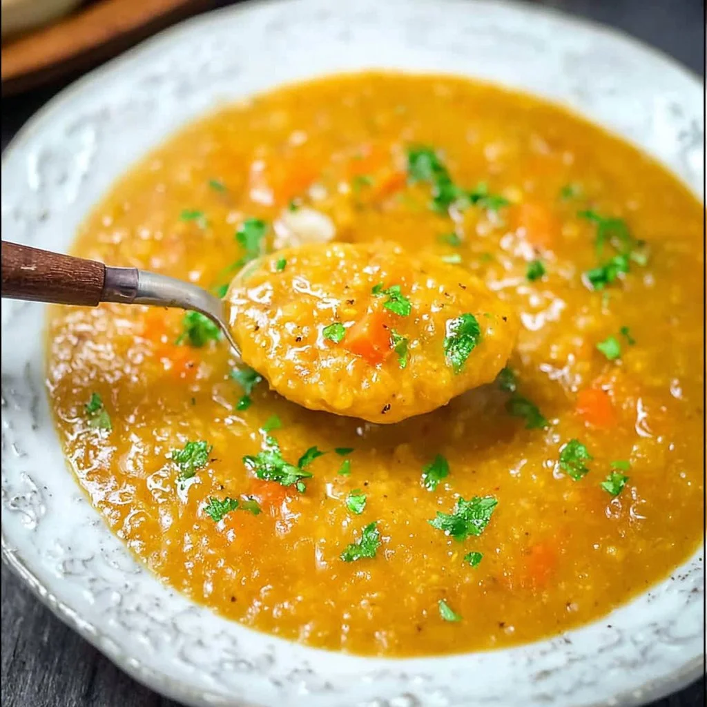 Bowl of comforting red lentil soup topped with herbs