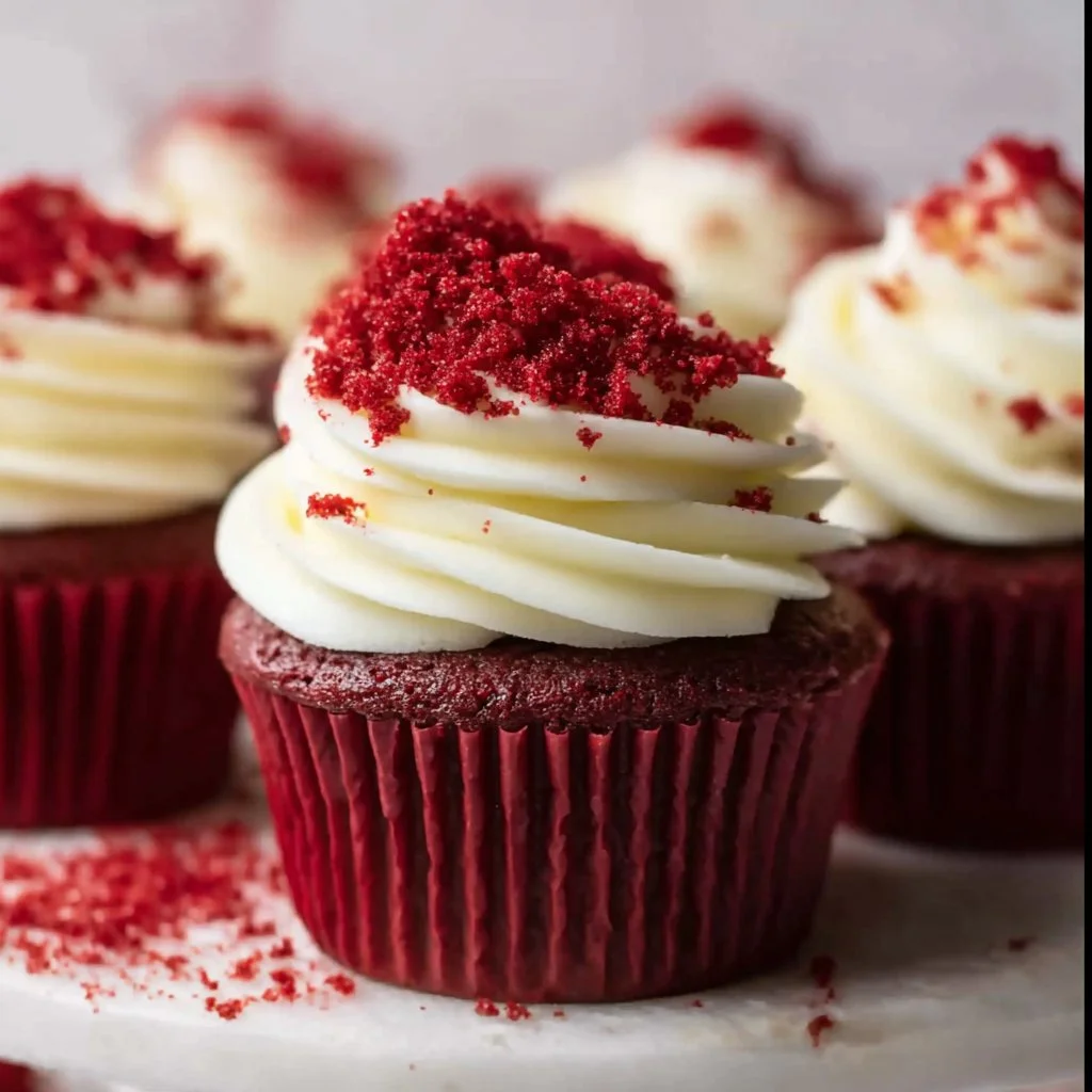 Decadent red velvet cupcakes with cream cheese frosting and decorative sprinkles.