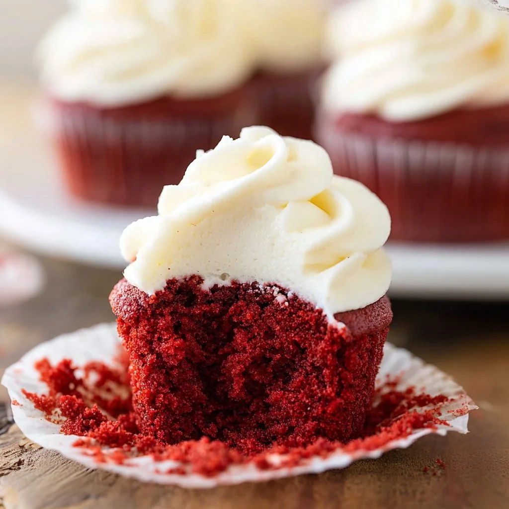 Delicious red velvet cupcakes with cream cheese frosting on a decorative plate.