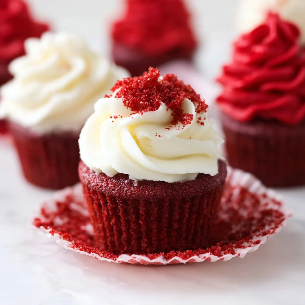 Delicious red velvet cupcakes with cream cheese frosting.