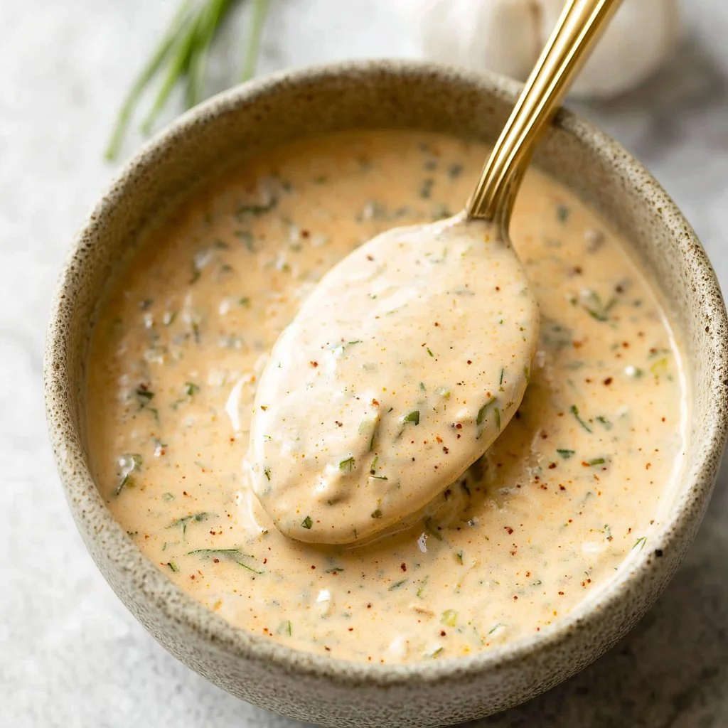 Remoulade sauce served in a bowl with fresh herbs and spices for dipping.