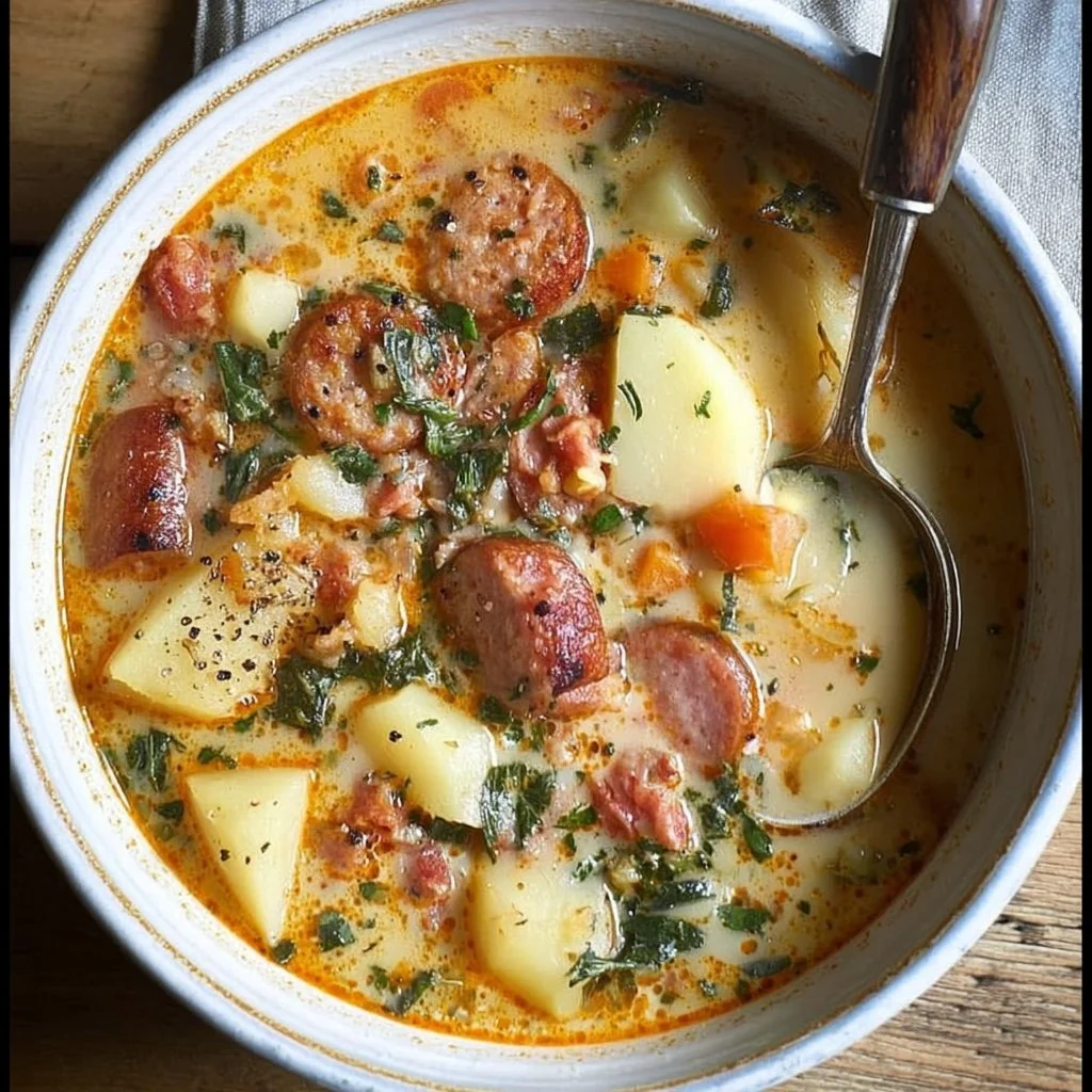 Delicious bowl of Sausage Potato Soup ready to serve.
